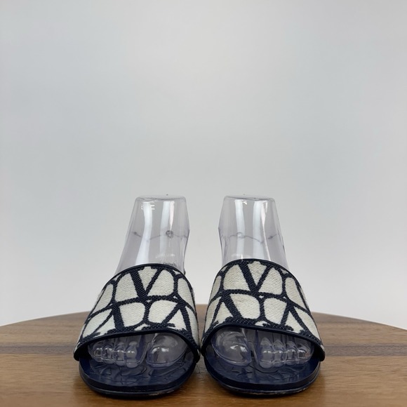 Womens Valentino Garavani Vlogo 50 Toile Navy Blue Heeled Slides Sandals Size 37 - Picture 3 of 10